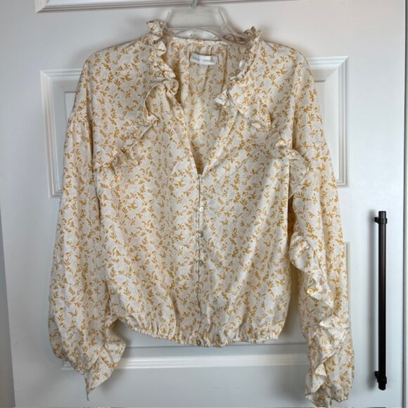 Bishop + Young Celestial Ruffle Floral Blouse White Yellow Print Size M - Picture 3 of 7